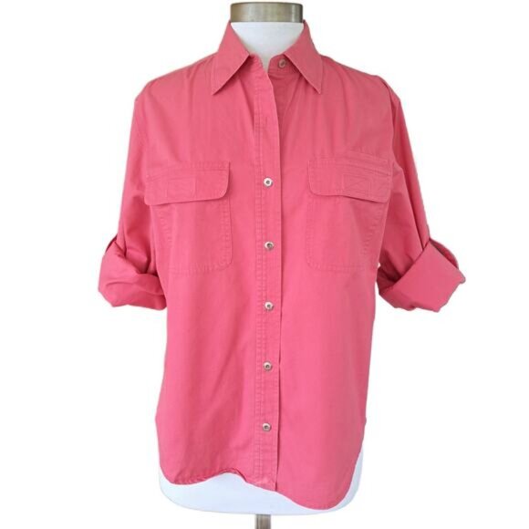 LAUREN Pink Button Down Camp Shirt Large Cotton Roll Tab Sleeve Pockets - Picture 1 of 11